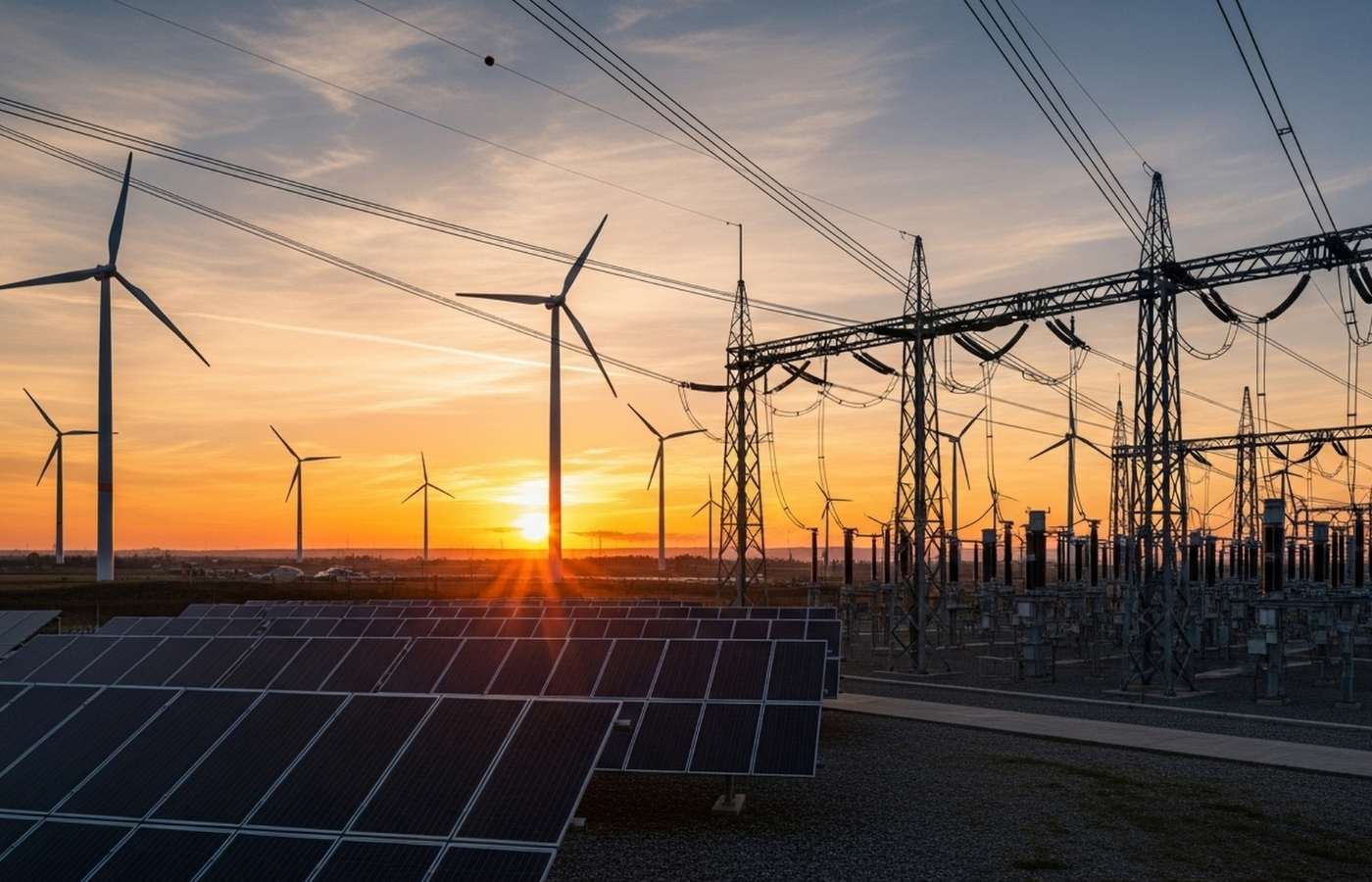 Solar, wind and traditional power generators dot a horizon together - as a brilliant sunrise shines in the background.